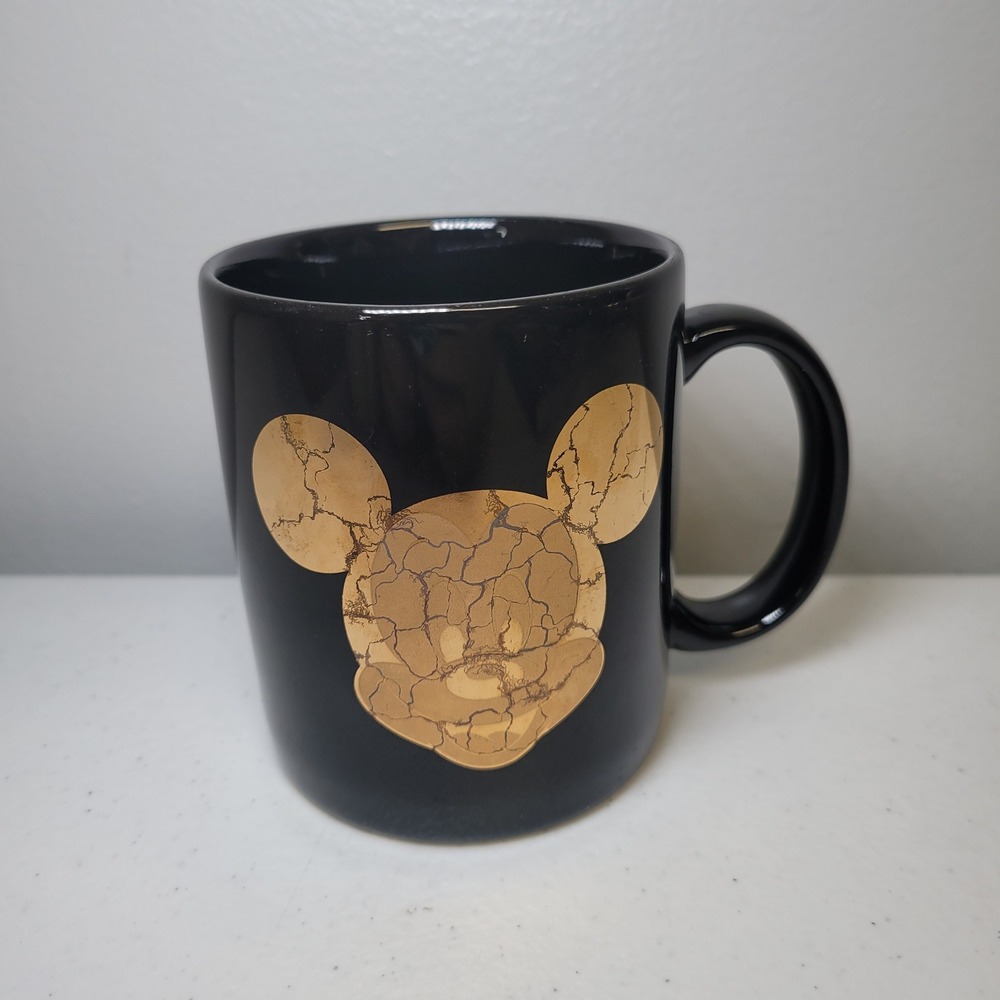 Disney Mickey Gold Black Coffee Cup Mug Ceramic Metallic Graphic 12oz